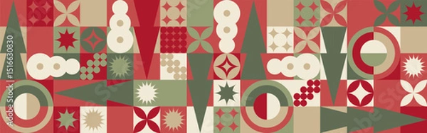 Obraz Geometric seamless pattern with winter blue patterns, Christmas trees in Scandinavian style. New Year's fashionable color pattern for textiles and wallpaper, gift design trend.