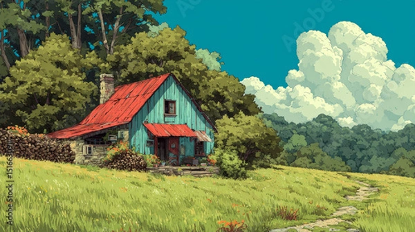 Fototapeta Summer forest with country house. Forester cottage with woodpile. Vector cartoon illustration of woods landscape with trees, green grass, path and farmhouse