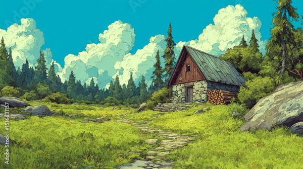 Fototapeta Summer forest with country house. Forester cottage with woodpile. Vector cartoon illustration of woods landscape with trees, green grass, path and farmhouse
