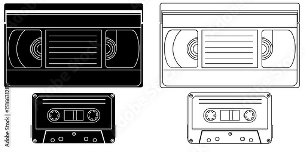 Fototapeta Retro Video and Audio Tape Cassettes, Audio Visual graphic element isolated on a transparent background