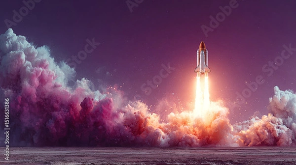 Fototapeta Business start up isometric concept vector illustration. Rocket taking off with fire and smoke over neon glowing circle on ultraviolet background. Spaceship launching purple web page