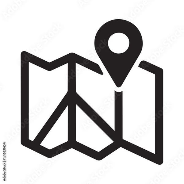 Fototapeta Navigational Icon: A minimalist monochrome icon showcases a detailed map marked with a prominent location pin, suggesting direction, destination, and exploration.
