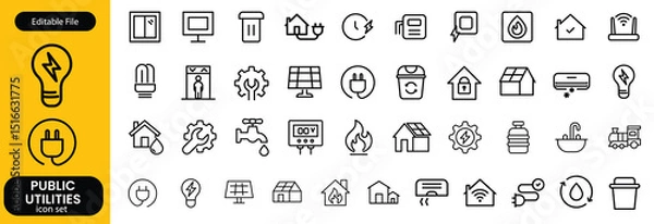 Fototapeta Public utilities web icons line set. Public Utilities Water, Fuel, Electricity, gas, garage, Solar House, Rent receipt, Maintainence, and More vector illustration
