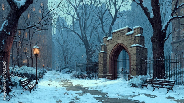 Fototapeta Winter landscape with stone arch entrance to city park, metal fence and snow. Vector parallax background for 2d animation with cartoon garden with archway entry, bare trees and snowfall