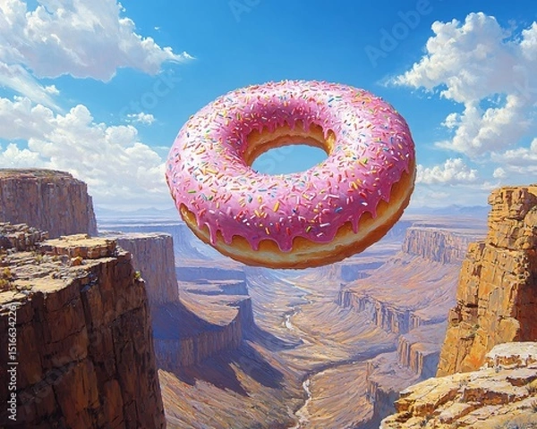 Fototapeta A surreal giant donut floating over a canyon, perfect for whimsical designs, fantasy themes, or events like children's parties and creative promotions.