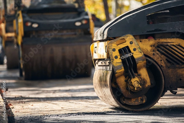Fototapeta Public city street reconstrunction with heavy machines.