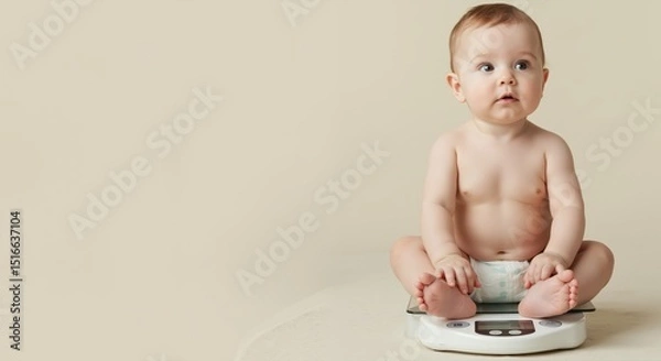 Fototapeta Baby sitting on scale with a surprised expression against beige background  