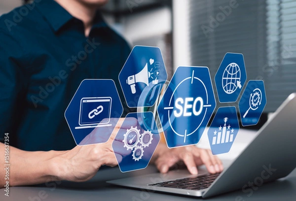 Obraz SEO Search Engine Optimization Strategy Concept. Businessman using laptop with SEO-related icons such as link building, analytics, global web targeting to boost online visibility, digital marketing,