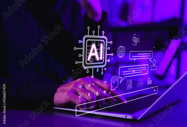 Obraz AI - Artificial Intelligence and Chatbot Technology Concept. A person typing on laptop with AI and chatbot interface icons, symbolizing automation, chat AI, and virtual smart assistant communication.