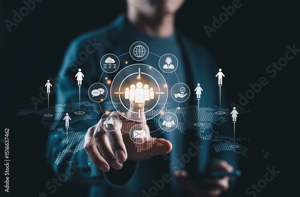 Obraz Target Audience and Digital Outreach Strategy Concept. Businessperson points at virtual interface with people icons and marketing symbols, representing audience targeting and global digital strategy.