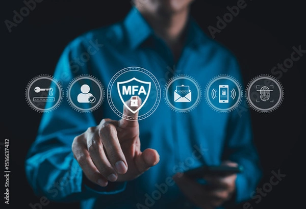Obraz MFA, Multi-Factor Authentication Security Concept. Person touching virtual MFA shield icon with various security icons, representing multi factor authentication and digital identity protection.