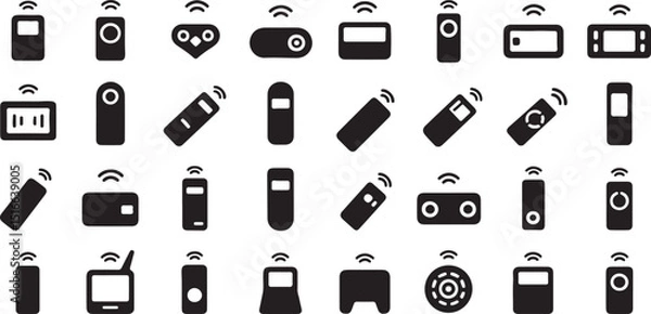 Fototapeta Set of silhouette vector icons related to remote control, wireless, remote, smart, keypad, controller on white background.