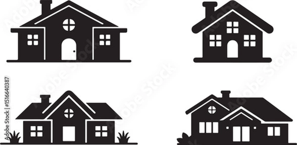 Fototapeta Set of silhouette icons related to apartment, flat, home, architecture, property, building, residential, silhouette vector icon set on white background.
