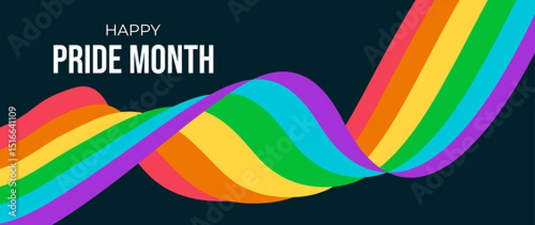 Obraz Happy Pride Month background. 2025 Gay Pride Month. Vector banner with wavy pride flag on dark background