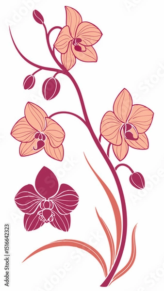 Fototapeta Vector fantasy orchids with gradient petals, smooth lines, emphasis on the curves of the stems, tropical palette