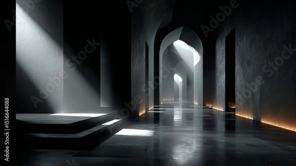 Obraz Empty gallery hall with inclined columns, black walls and backlight. Modern corridor or hallway interior of house, office or museum building, vector realistic illustration