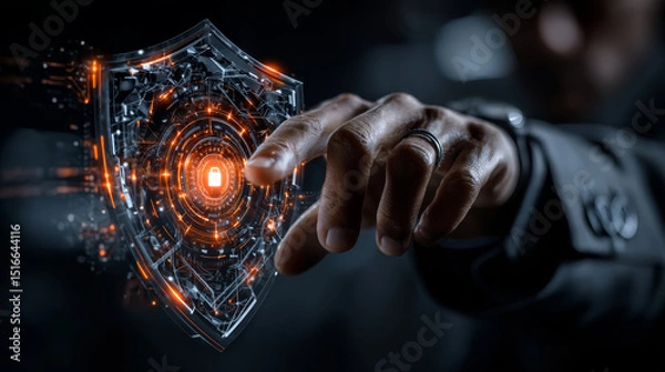 Obraz Businessman hand touches a shield, software development is a protective measure. The concept represents safeguarding data integrity, intellectual property, user privacy, system security.
