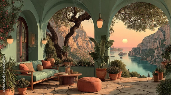 Fototapeta Terrace with mountain lake view at sunset. Scenery landscape view from villa or hotel patio with sofa, ottoman and table stand on wooden platform with nature background, Cartoon vector illustration