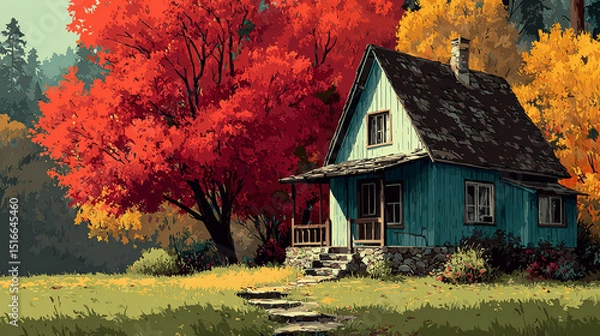 Fototapeta House in autumn forest landscape cartoon vector scene. Fall fairy tale beautiful garden illustration with cabin home near tree. Rural building exterior on lawn outdoor horizontal panorama environment