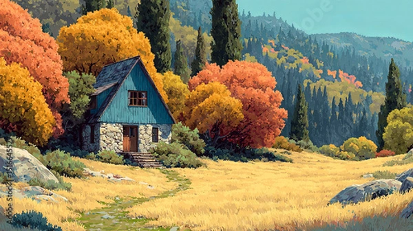 Fototapeta House in autumn forest landscape cartoon vector scene. Fall fairy tale beautiful garden illustration with cabin home near tree. Rural building exterior on lawn outdoor horizontal panorama environment