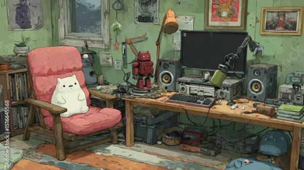 Fototapeta Computer game streaming studio. Vector cartoon illustration of lounge room with desktop pc, microphone, round led lamp, smartphone for streaming, armchairs, books and toy robot on shelf, wall poster