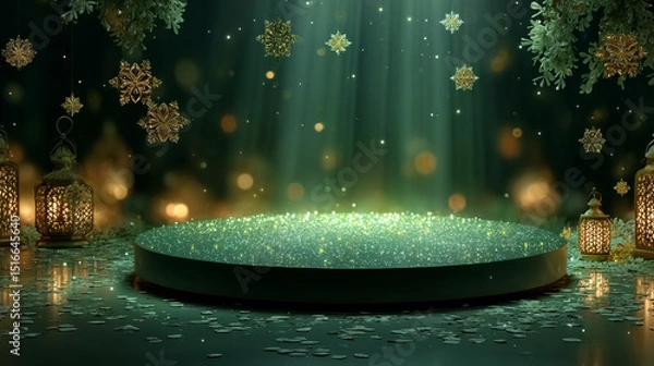 Fototapeta Green winter scene with circular podium display - sparkling snowflakes with illuminated crystal decorations floating on dark emerald background. Christmas holiday or seasonal product showcase.