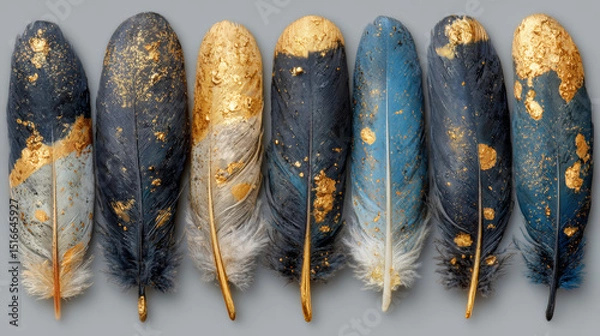 Fototapeta Black feathers with gold glitter isolated on transparent background. Vector realistic set of golden colored bird or angel quills, soft fluffy plumes with yellow sparkles