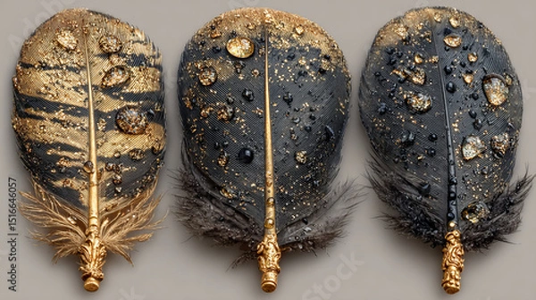 Fototapeta Black feathers with gold glitter isolated on transparent background. Vector realistic set of golden colored bird or angel quills, soft fluffy plumes with yellow sparkles