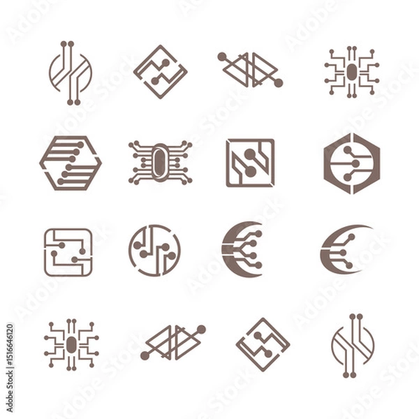 Fototapeta Set of Geometric Circuit Icons for Technology and Networking Concepts