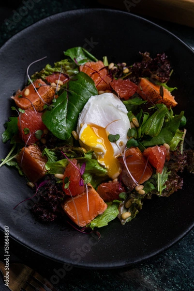 Fototapeta Fresh Salad with Poached Egg and Smoked Salmon in a Gourmet Setting