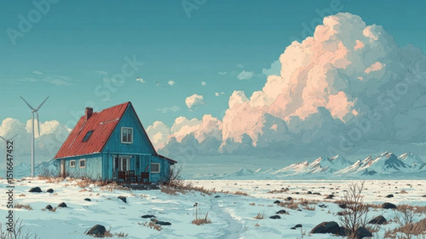 Obraz Parallax background winter 2d landscape with house and wind turbines. Cartoon vector scene with separated layers for game animation with Eco friendly home and power generation windmills in snow