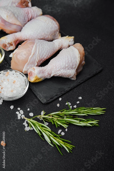 Obraz Chicken drumsticks arranged on black slate with herbs and salt