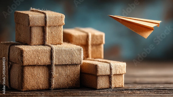 Fototapeta Best post office cartoon landing page. Parcel shipping, fast delivery service. Pile of cardboard boxes lying on shelf and paper airplane flying. Freight and cargo warehouse logistic, Vector web banner