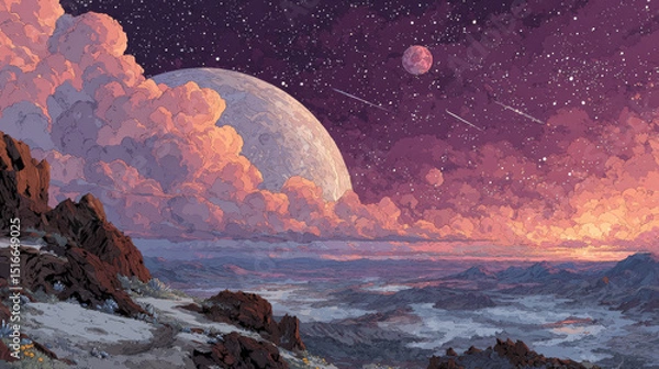 Fototapeta Space landscape cartoon illustration with rocks and craters, large alien planet on horizon. Fantasy scene of mysterious stars, satellite and meteors in purple sky. Astronomy science. Cosmic background