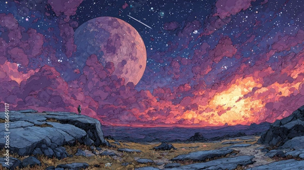 Fototapeta Space landscape cartoon illustration with rocks and craters, large alien planet on horizon. Fantasy scene of mysterious stars, satellite and meteors in purple sky. Astronomy science. Cosmic background