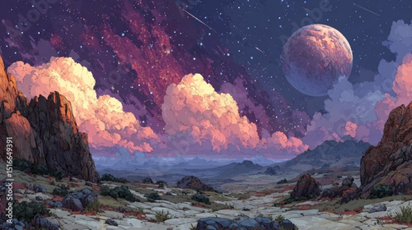 Fototapeta Space landscape cartoon illustration with rocks and craters, large alien planet on horizon. Fantasy scene of mysterious stars, satellite and meteors in purple sky. Astronomy science. Cosmic background