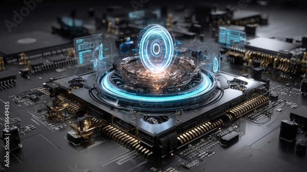 Fototapeta Quantum Computing. Businessman touching icon and exploring the potential of quantum computing for solving complex problems in various industries, enhancing data security through advanced encryption.