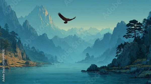 Fototapeta Parallax background black eagle, falcon or hawk flying with outspread wings over mountain lake 2d landscape with separated layers for game, beautiful wild bird in nature, Cartoon vector illustration