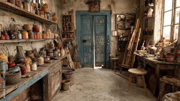 Fototapeta Abandoned art studio room interior. Vector cartoon illustration of old artist workshop with damaged furniture, cracked sculptures and painting canvas on dusty shelf, cobweb on walls, wooden easel