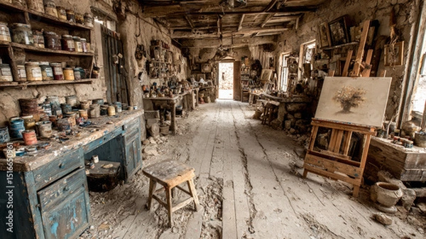 Fototapeta Abandoned art studio room interior. Vector cartoon illustration of old artist workshop with damaged furniture, cracked sculptures and painting canvas on dusty shelf, cobweb on walls, wooden easel