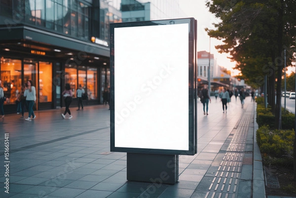 Obraz Blank vertical billboard on modern bus shelter in city street, realistic scene with soft sunset lighting and cinematic shallow depth of field


