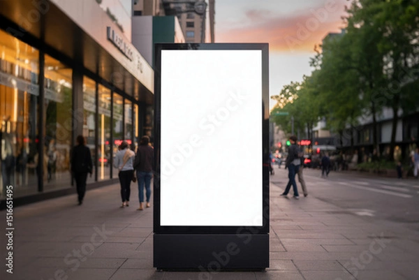 Obraz Blank vertical billboard on modern bus shelter in city street, realistic scene with soft sunset lighting and cinematic shallow depth of field

