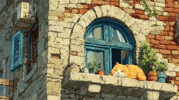 Fototapeta Sweet home with cat sleep on balcony cartoon landing page. Pet relax outside of house. Calm kitten lying on banister at brick wall facade with arched window, domestic animal life Vector illustration