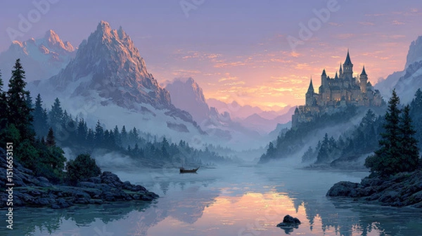 Fototapeta Fantasy medieval castle on rock at morning. Vector parallax background for 2d animation with cartoon mountain landscape with magic royal palace , forest and lake with fog and boat