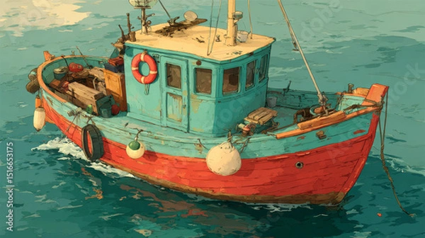 Fototapeta Fish trawler boat in sea vector marine background. Commercial fishery ship with lifebuoy in ocean water cartoon vector illustration. Empty nautical adventure game for catching food equipment in river.