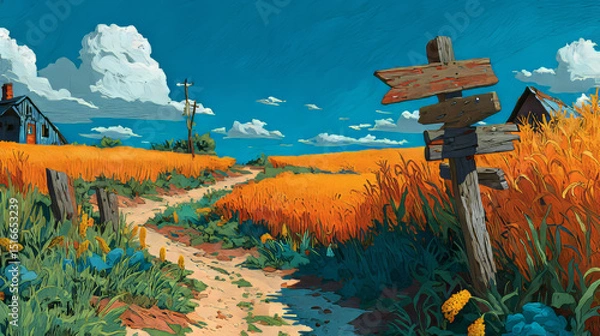 Fototapeta Cornfield day landscape with wooden road pointers and high green plants. Choice of way concept with signposts pointing on path fork. Labyrinth, maze, choosing direction, Cartoon vector illustration