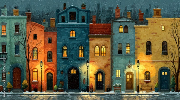 Fototapeta City street with houses at night and morning. Vector template for mobile phone screensaver with time and weather. Smartphone background theme with cartoon cityscape