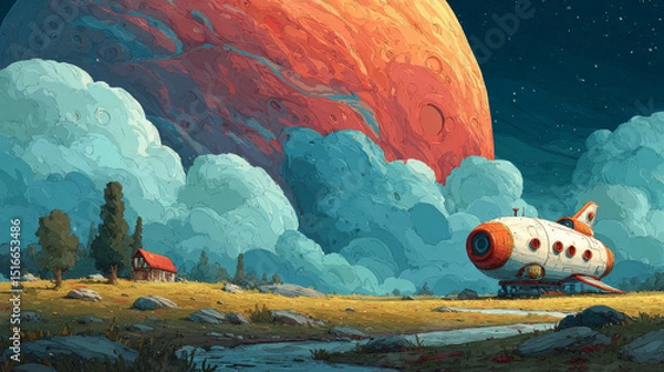 Fototapeta Galaxy explorer cartoon landing page with alien ufo saucer in outer space. Space exploring adventure game or vr exhibition for kids, fantasy cosmic interstellar travel in Universe, Vector web banner