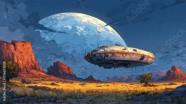 Fototapeta Galaxy explorer cartoon landing page with alien ufo saucer in outer space. Space exploring adventure game or vr exhibition for kids, fantasy cosmic interstellar travel in Universe, Vector web banner