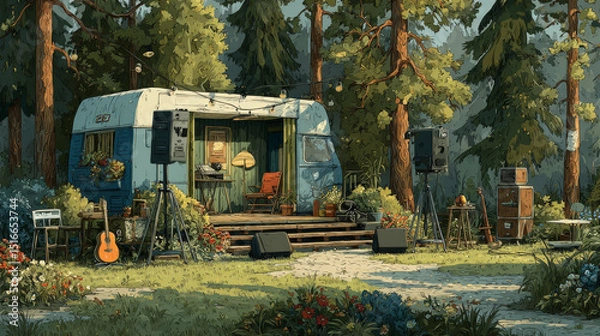 Fototapeta Outdoor park festival music concert stage vector background. Open air live comedy party in summer. Comedian entertainment show with microphone and projector design in forest scene illustration